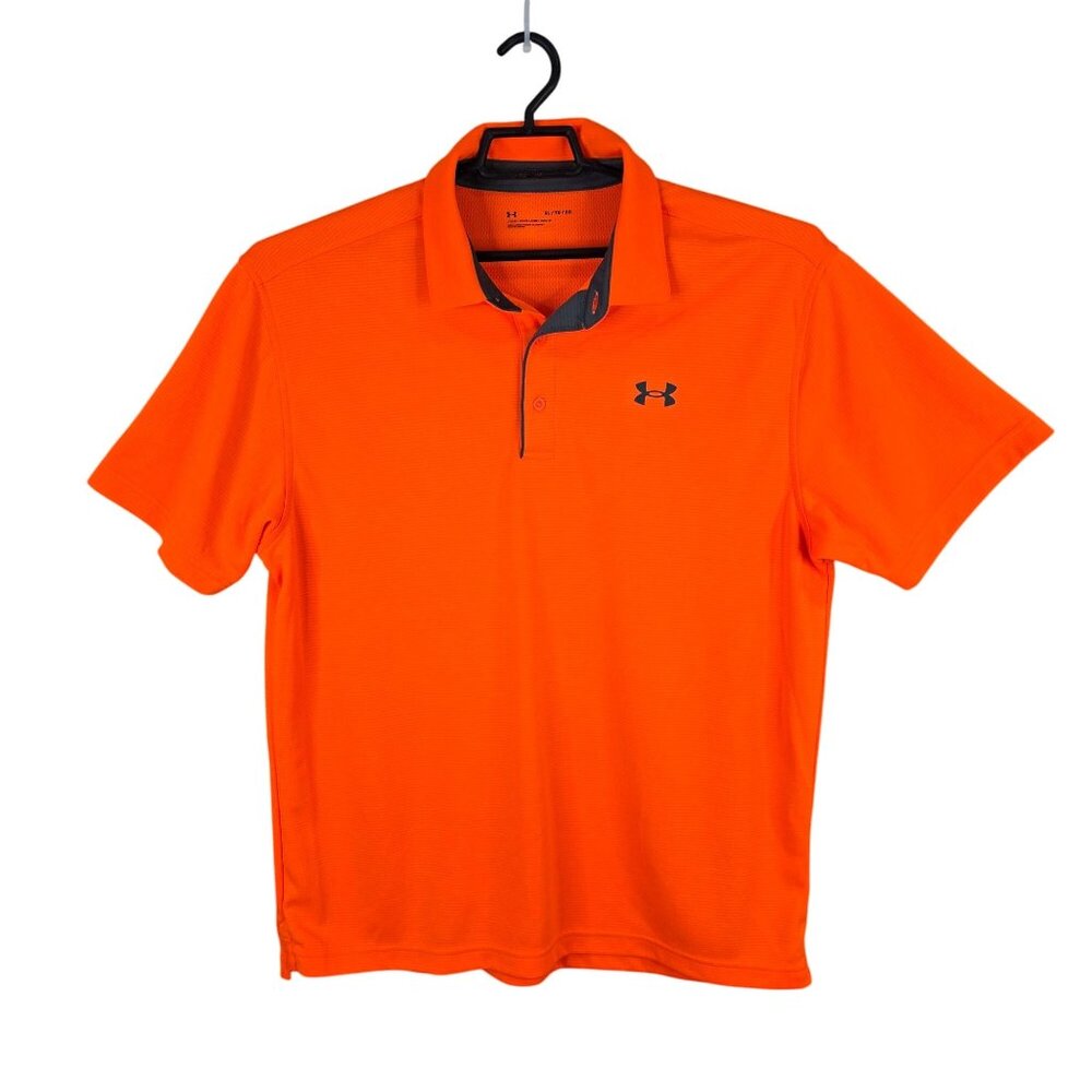 Mens Under Armour UV Orange Loose Fit Polo Shirt 100% Polyester Short Sleeve XL